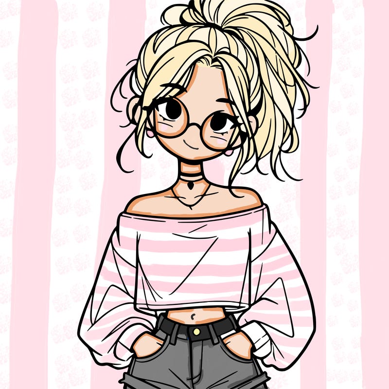 girl with a messy ponytail glasses a baggy crop top and jean shorts