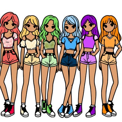 a group of girls wearing crop tops and shorts