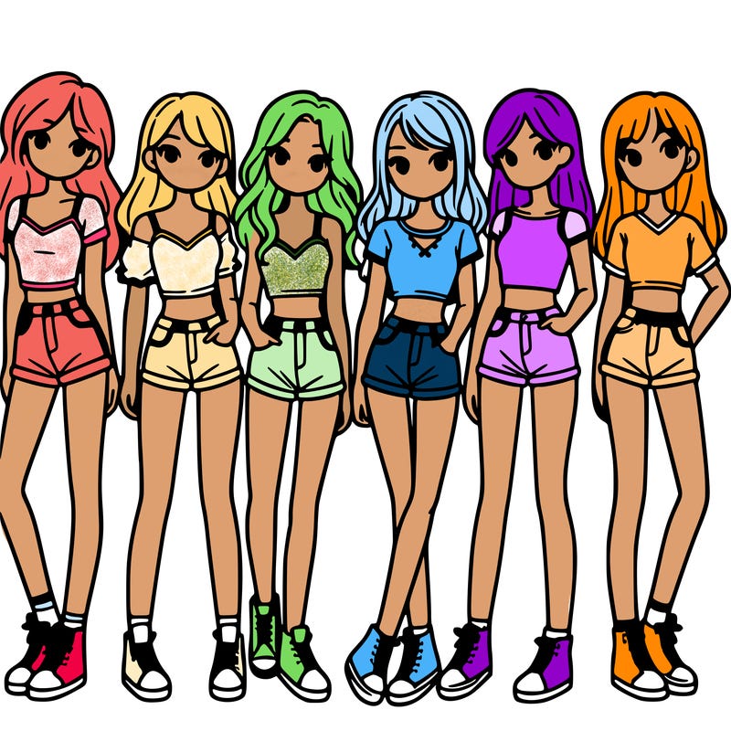 a group of girls wearing crop tops and shorts