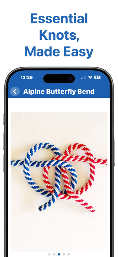 Knot Guide - A close up of an Alpine Butterfly Bend knot tied with blue and red ropes within the Knot Guide mobile app interface.