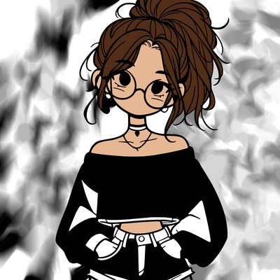 girl with a messy ponytail glasses a baggy crop top and jean shorts