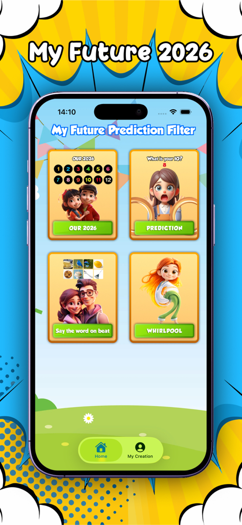 My Future Prediction Filter - Home screen of the My Future Prediction Filter app featuring various viral video filters like Our 2026 and Whirlpool.