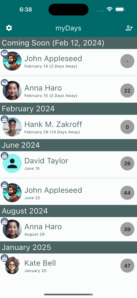 myDays ( Birthday+ ) - Interface do aplicativo myDays mostrando uma lista ordenada cronologicamente de próximos aniversários e datas especiais com fotos de contato e idades