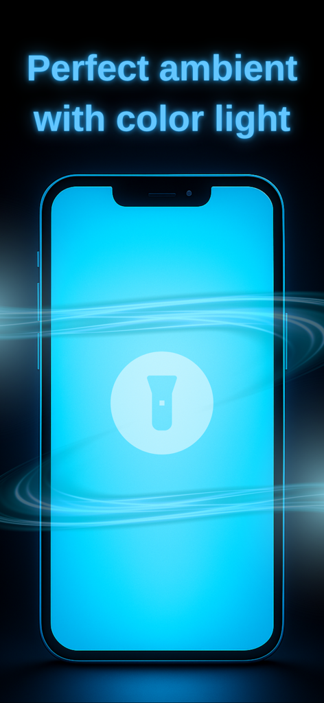 Color Flashlight - ScreenFlash - Color Flashlightアプリを使用して、アンビエント照明用の明るい青色に照らされたiPhoneの画面。