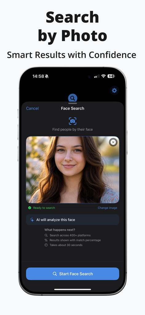 Interface de l'application Deepsearch AI montrant la fonction de recherche faciale par photo