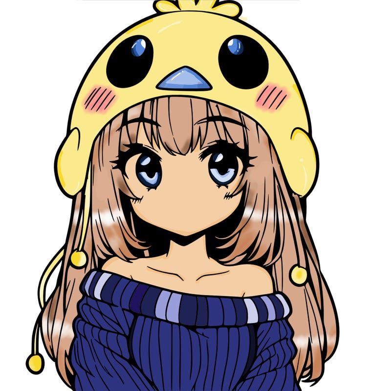 anime girl with chick shaped hat with sweater with bare shoulders with bangs covering them one eye with low tail
