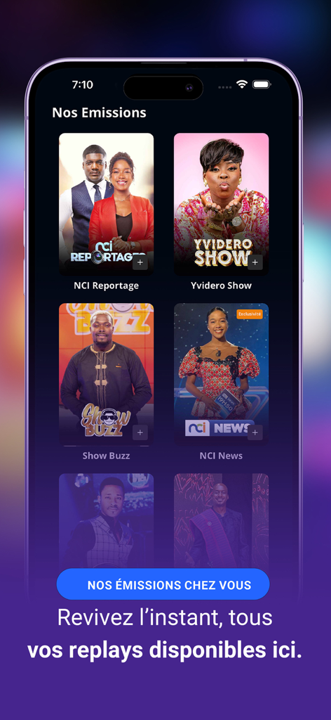 A mobile screen showing the My NCI TV app interface with a selection of Ivorian television programs like Show Buzz and NCI News available for replay
