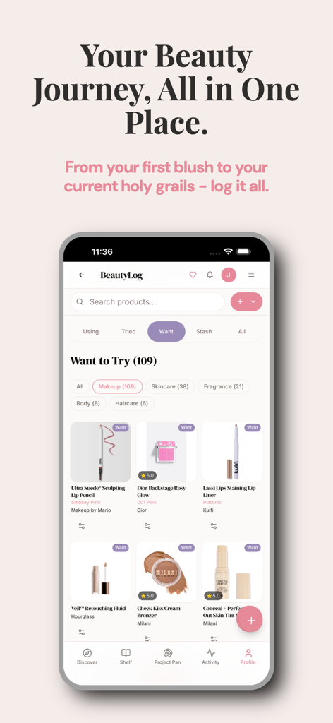 BeautyLog: Beauty Tracker - Screenshot of BeautyLog app showing a curated wishlist of makeup and skincare products in a clean user interface.