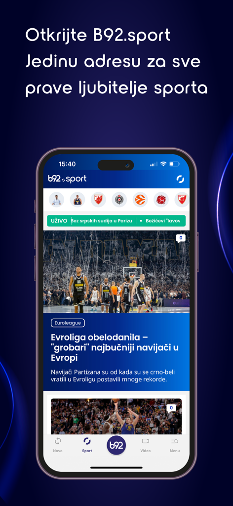 B92 news app interface showing the sports section with basketball articles