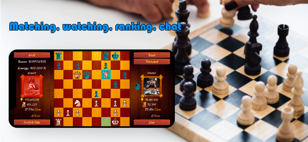 Interfaz de juego de ajedrez móvil en modo horizontal mostrando una partida en línea y características sociales