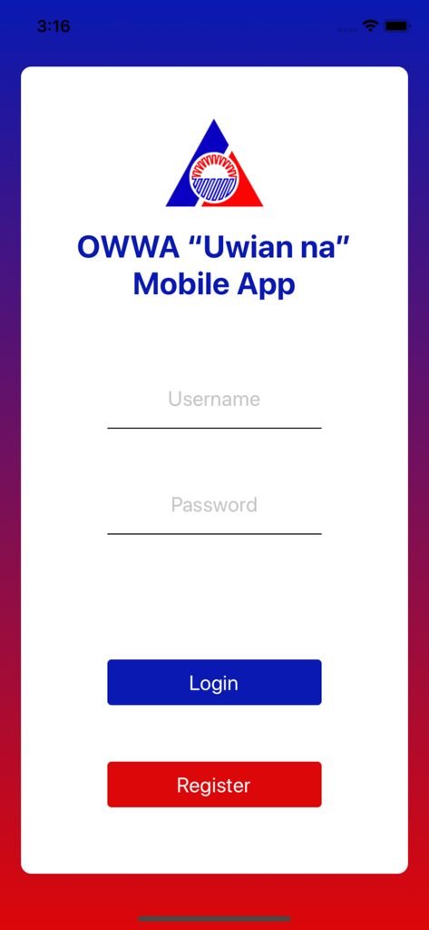 OWWA Uwian na - Pantalla de inicio de sesión de la aplicación móvil OWWA Uwian na que muestra campos de nombre de usuario y contraseña