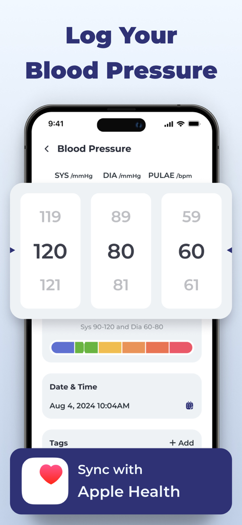 Smart Blood Pressure Monitor - Mobile app interface for logging systolic and diastolic blood pressure readings with Apple Health sync option
