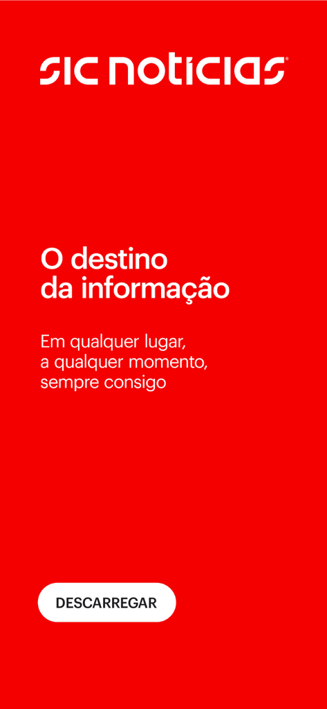 SIC Notícias - Tela de apresentação do aplicativo SIC Noticias com texto em português sobre fundo vermelho apresentando o logotipo da marca e um botão de download.