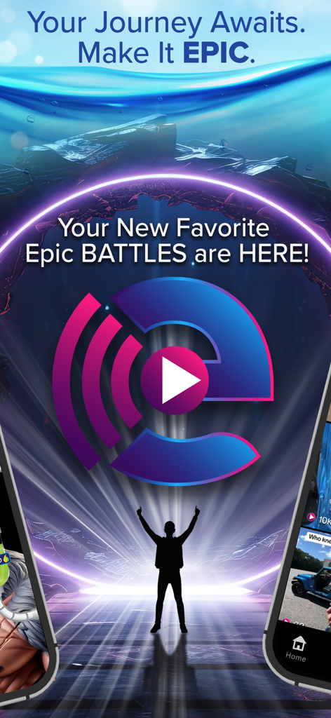 E.P.I.C. Studios - Pantalla promocional de la aplicación EPIC Studios mostrando batallas de creadores y una silueta celebratoria en un portal digital.