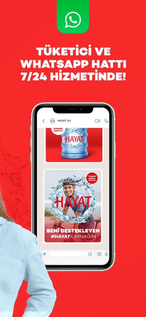 Screenshot of Hayat Su app highlighting 24/7 WhatsApp customer support chat
