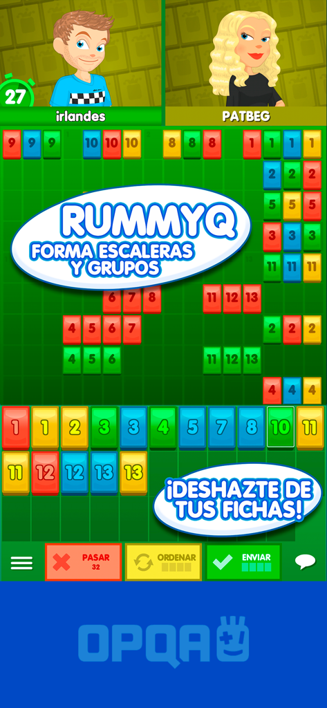 Session de jeu multijoueur de RummyQ sur l'application OPQA affichant des tuiles de couleur et les avatars des utilisateurs