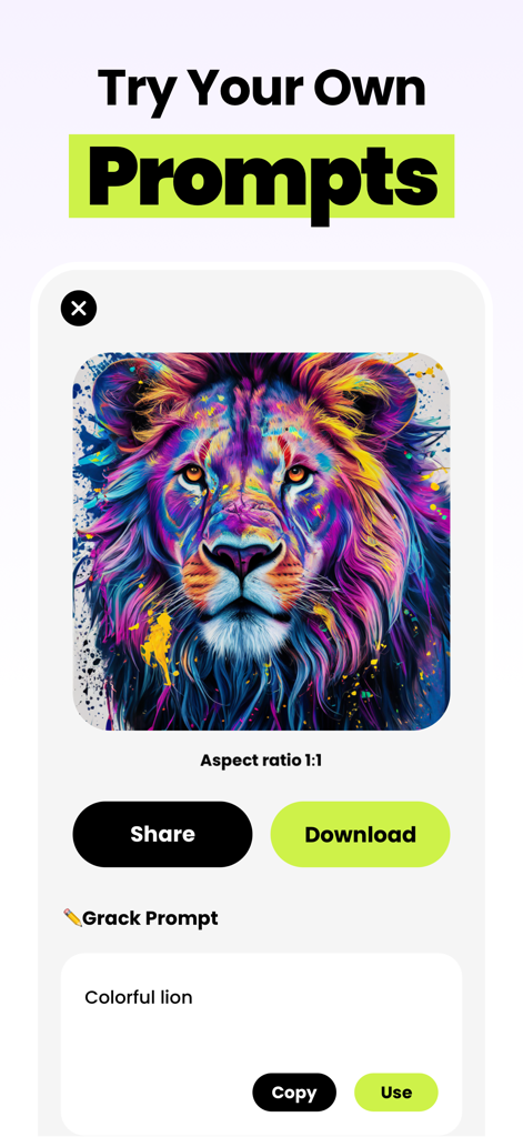 Grack AI : AI Photo Generator - Grack AI app interface showing a vibrant colorful lion generated from a text prompt with sharing and download options