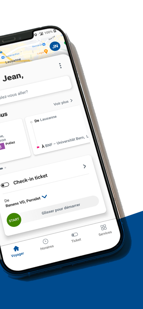 Pantalla de inicio de la app de transporte público tl en Suiza mostrando una función de check-in de billete digital