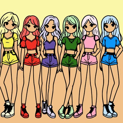 a group of girls wearing crop tops and shorts