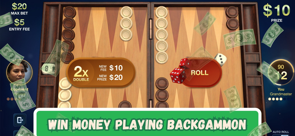 A mobile backgammon board featuring real money prizes and a strategic doubling cube