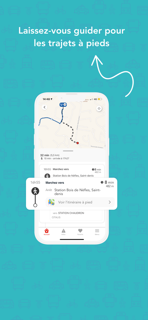 KAR'OUEST app interface showing walking directions and a map for public transit navigation