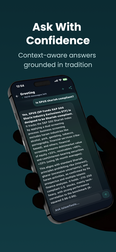 IslamTools - Islamic Companion - IslamTools app showing an AI assistant providing context-aware answers on Shariah compliance