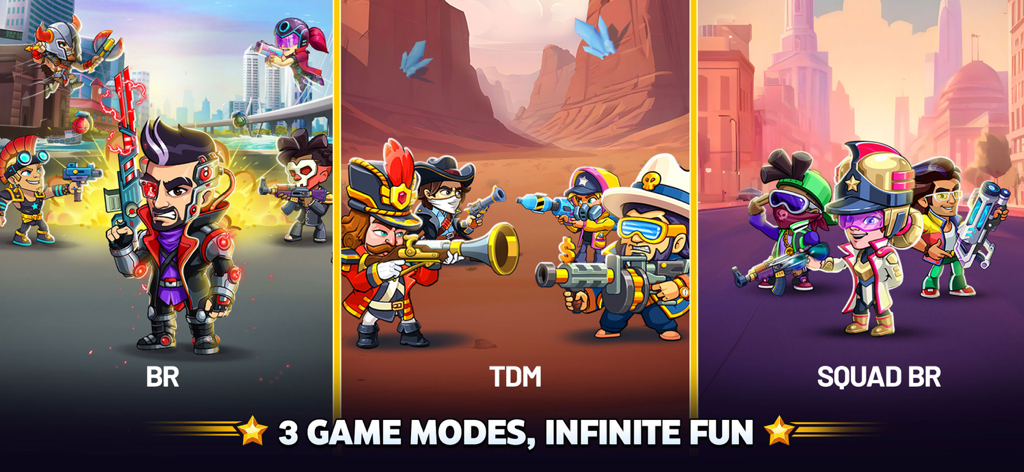 Battle Stars: 4v4 TDM & BR - Eine Grafik, die drei verschiedene Spielmodi in Battle Stars zeigt: BR, TDM und Squad BR mit verschiedenen Heldencharakteren.