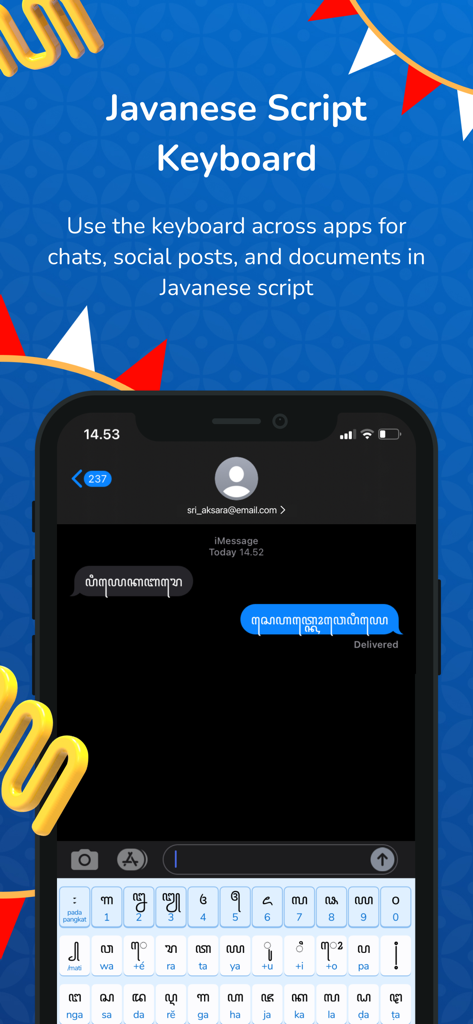 Smartphone screen displaying the Aksaraya Javanese script keyboard used for typing in a messaging app.
