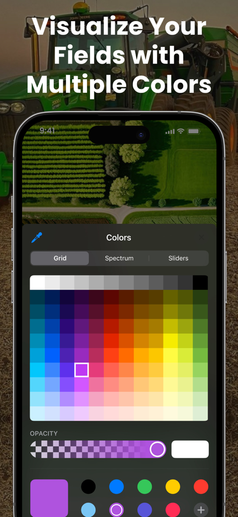 Oberfläche der Farm Sprayer GPS Traktor App mit einer Farbauswahl zur Visualisierung von Feldern und Pflanzenbedeckung.