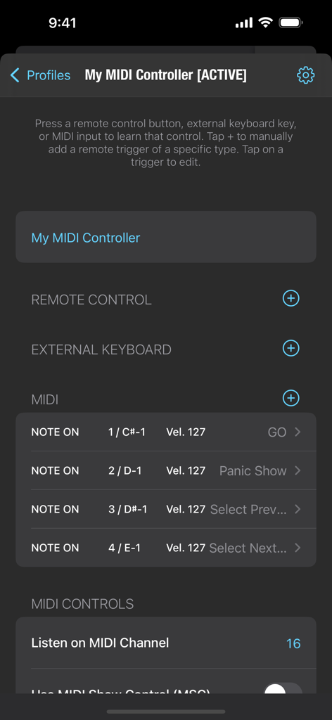 Ecrã de definições para configurar triggers de controladores MIDI na aplicação Go Button Pro