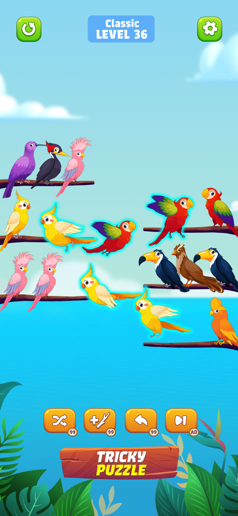 Jugabilidad de Bird Sort mostrando pájaros coloridos siendo clasificados en ramas en un nivel de rompecabezas