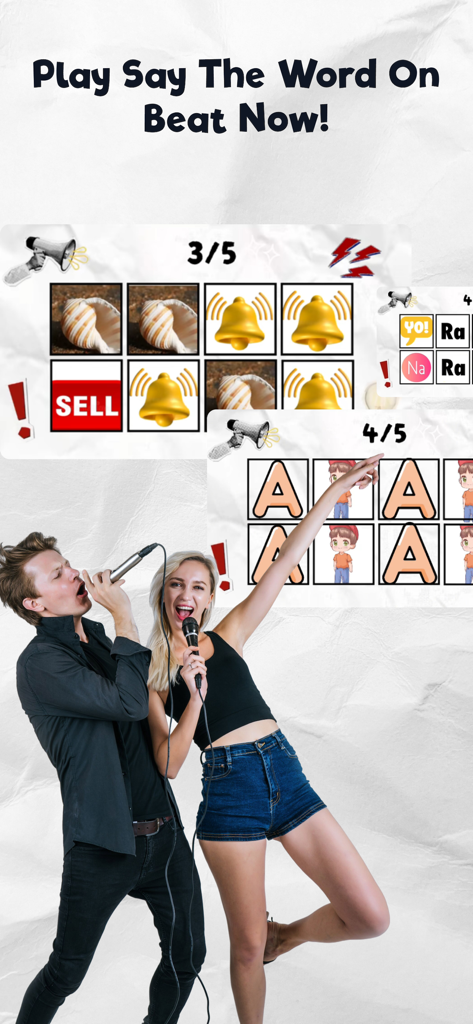 マイクに向かって歌う男女。リズムベースの単語ゲーム用。