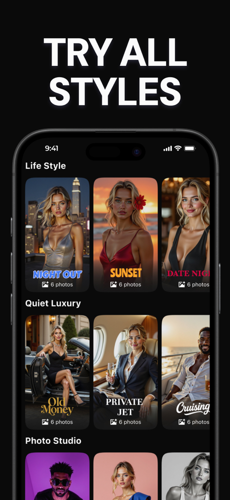 Interface do aplicativo Version AI exibindo várias categorias de fotos de estilo de vida e luxo, como Noite Fora e Jato Particular