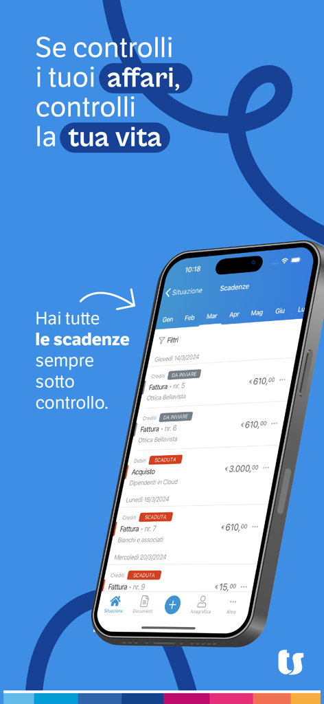 Fatture in Cloud app interface showing business deadlines and invoice tracking on iPhone