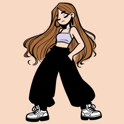 girl in baggy pants crop top and long hair