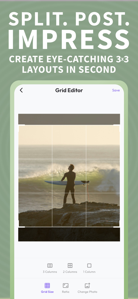 A mobile app interface showing a 3x3 grid splitter being applied to a photo of a surfer at the beach