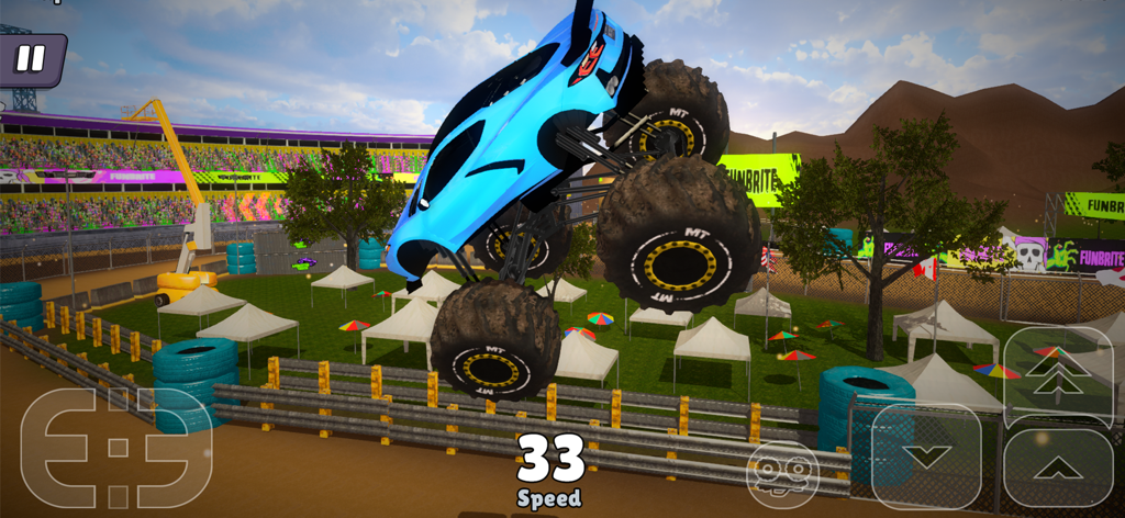 Off Road Mania: 4x4 Car Games - Blue monster truck jumping in a stadium during a stunt race