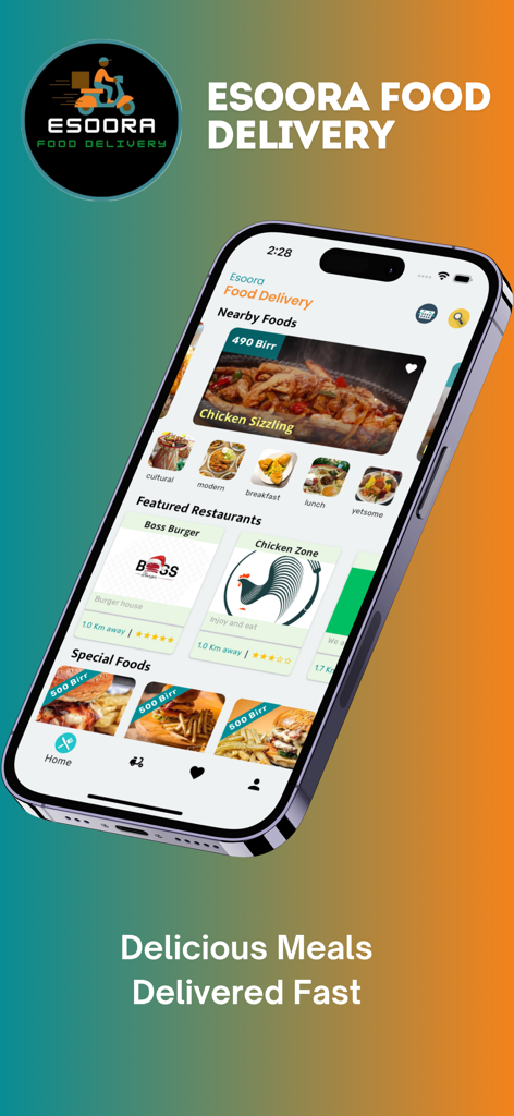 Esoora Food Delivery - Smartphone screen displaying the Esoora Food Delivery app with featured restaurants in Addis Ababa