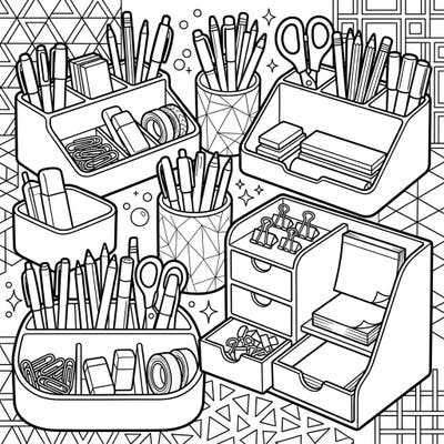Dive into the world of tidiness and creativity with this charming coloring page featuring a delightful array of desk organizers and caddies. This intricate design is perfect for anyone who loves stationery and enjoys bringing order to their artistic space.