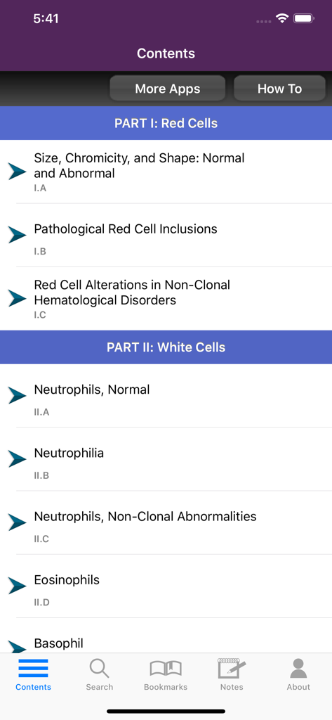 Table of contents screen of the Lichtmans Atlas of Hematology app showing categories for red and white blood cells.