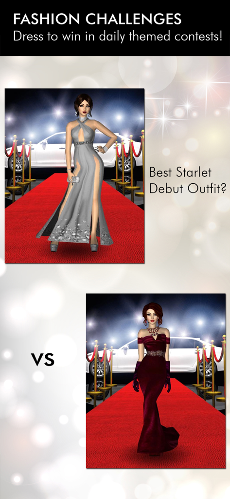 Fashion Empire - Dressup Sim - Dos atuendos de debut de estrellas compitiendo en una alfombra roja en un desafío de moda.