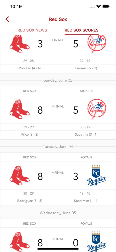 Pontuações e resultados de jogos dos Red Sox no aplicativo Boston.com