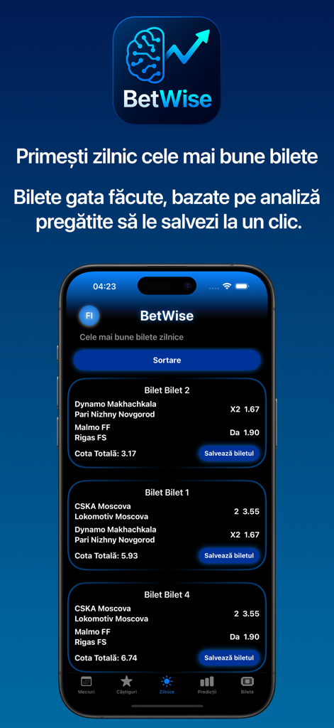 BetWise - BetWise app interface displaying daily sports betting tickets and AI-driven match predictions