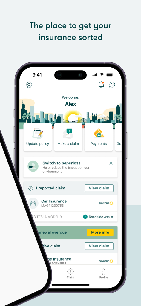 Suncorp Insurance App - Panel de la App Suncorp Insurance mostrando detalles de la póliza de seguro de automóvil y seguimiento de reclamos