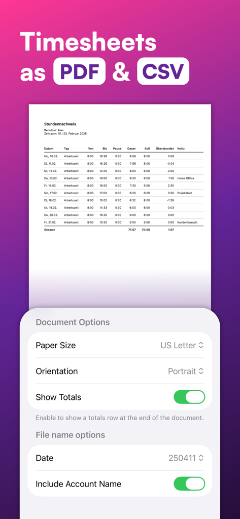 Oberfläche der WorkTimes App mit Optionen zum Exportieren von Stundenzetteln als PDF und CSV.