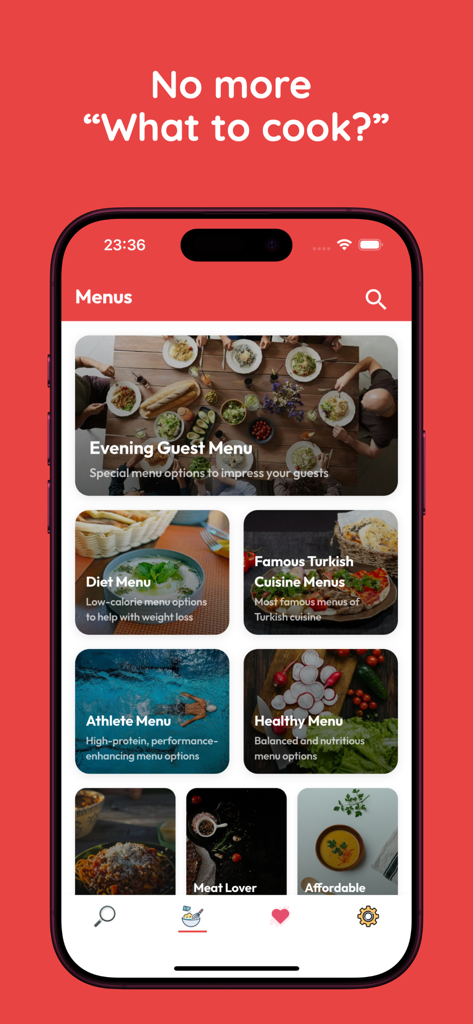 Tarif Ai - Tarif Ai App-Bildschirm, der verschiedene Rezept-Menü-Kategorien wie Diät für Sportler und gesundes Menü anzeigt