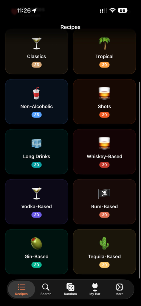 Cocktails Book - Cocktail-Rezeptkategorien in der Cocktails Book App, einschließlich Klassiker, Tropische und Spirituosen-basierte Getränke
