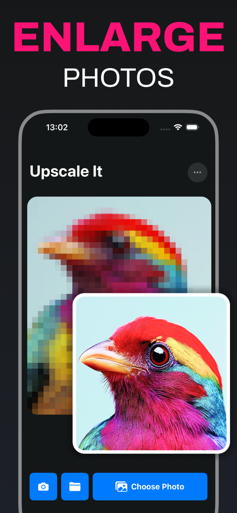 Upscale ++ - Interfaz de aplicación móvil que muestra un pájaro pixelado transformado en una imagen nítida de alta resolución con mejora de IA