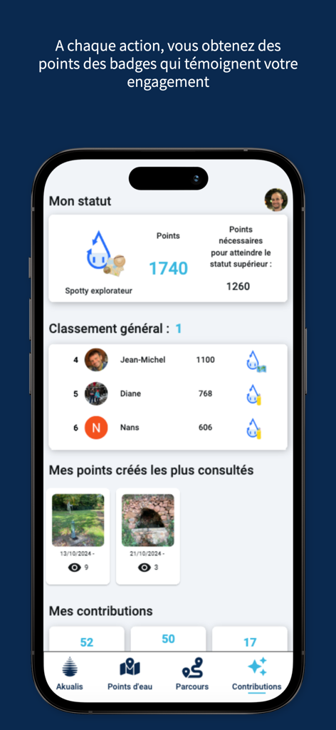 Akualis - Akualis app interface showing the user status page with points, badges, and the community leaderboard.