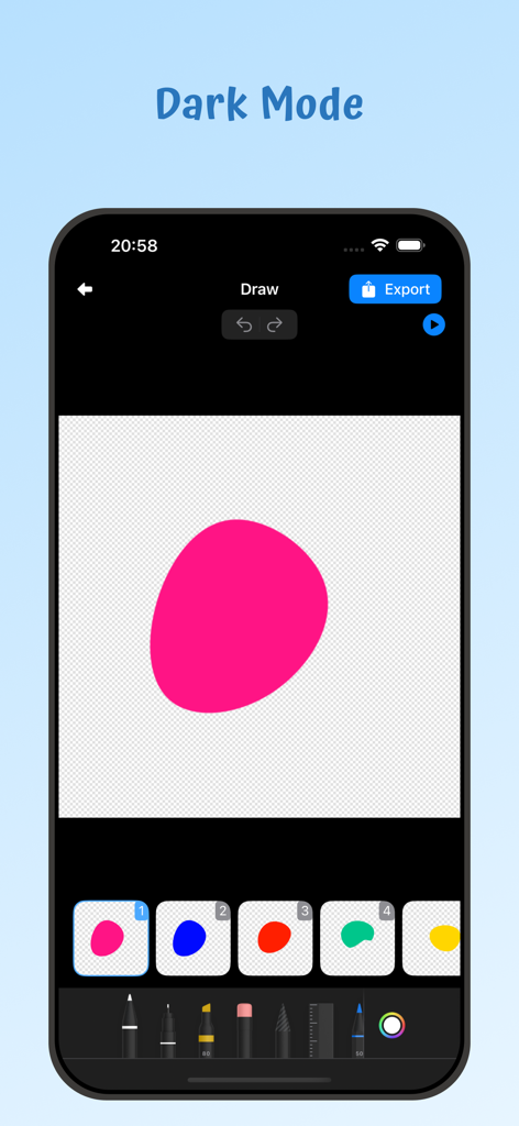 Animation Kit - Draw Animation - Interface de l'application Animation Kit en mode sombre montrant une zone de dessin et des outils d'animation image par image